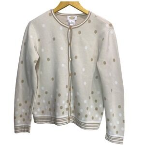 Talbots Size M Polka Dot Cardigan Sweater Cream Tan 100% Cotton Button Front